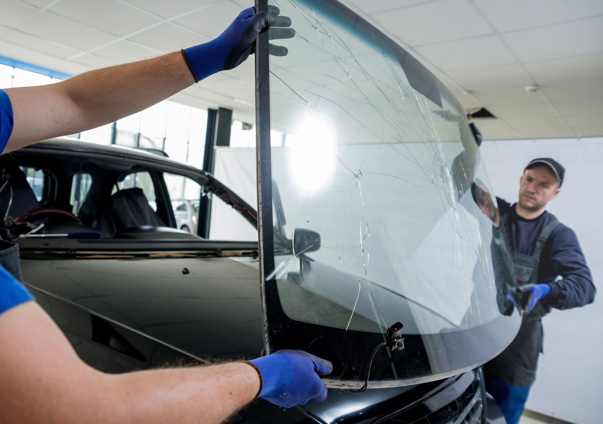 Technician working on a windshield