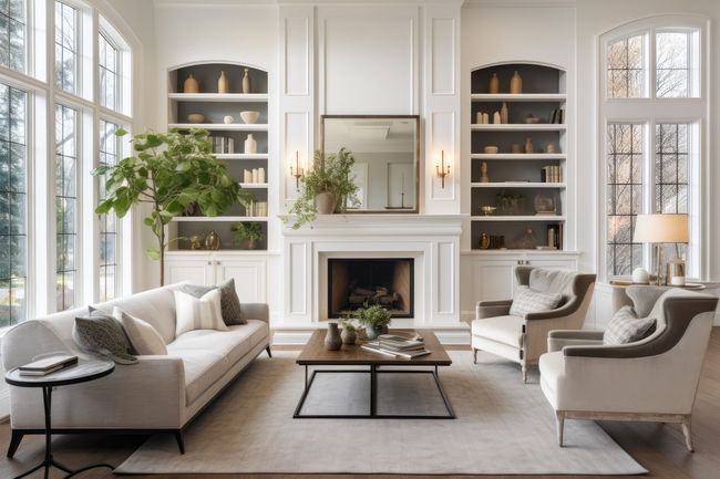 Bright, elegant living room with white walls, beige furniture, fireplace, bookshelves, and large windows