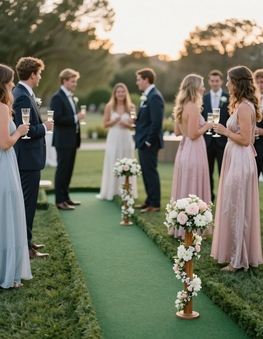 Wedding mini golf on a manicured lawn at golden hour