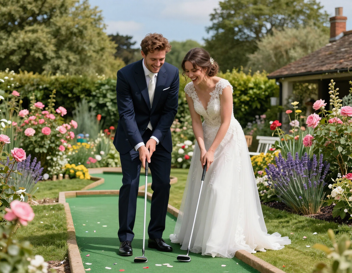 Bride and groom playing mini golf with confetti