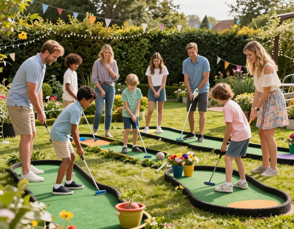 Children and adults playing decorated mini golf at a party