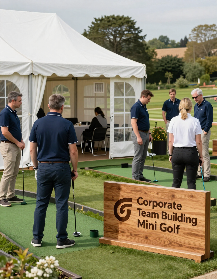 Corporate event mini golf with branded course signage