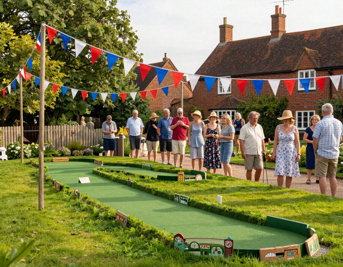 Village fete mini golf with bunting and outdoor stalls