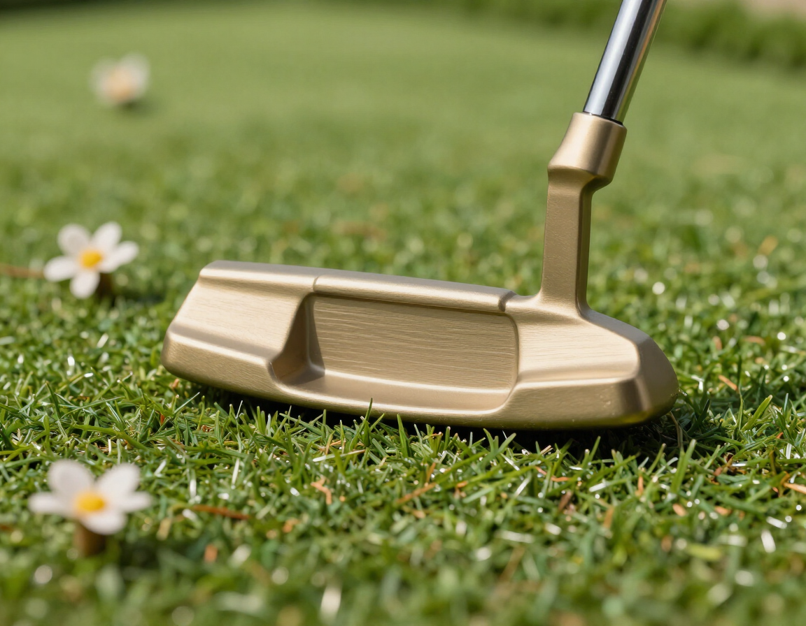 Putter head resting on turf with florals and champagne gold props