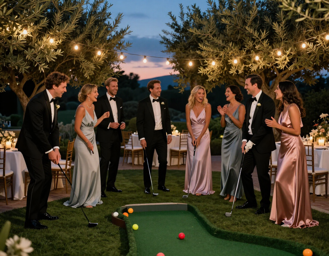 Wedding guests laughing while playing mini golf at an evening reception