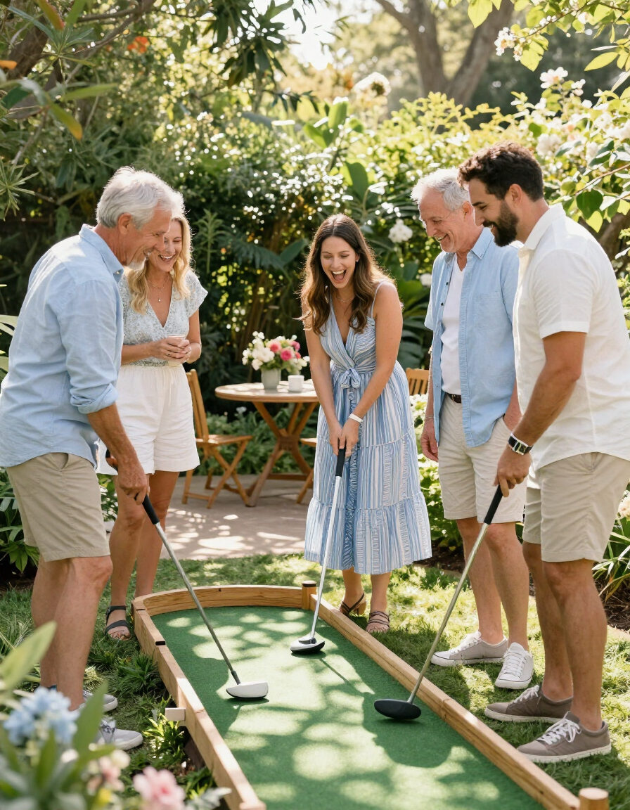 Candid laughter at a summer garden party mini golf event
