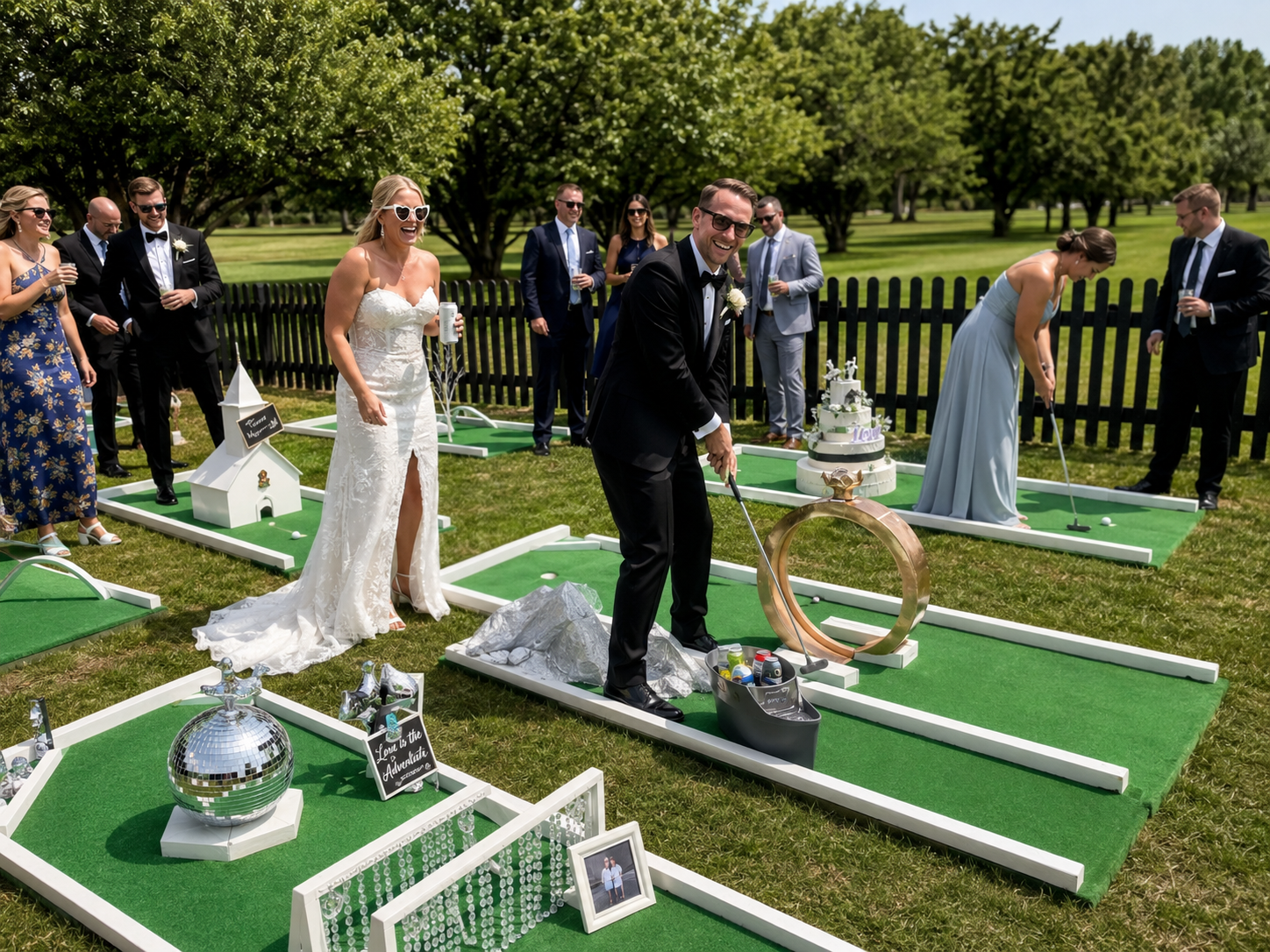 People standing on mini-golf courses at an outdoor wedding reception on a sunny lawn
