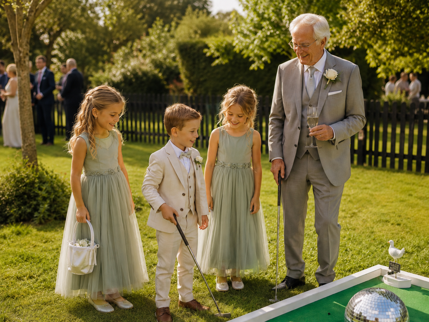 Four children and an older man in formal attire stand on a lawn beside a mini golf course