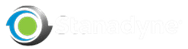 Logo circulaire vert et bleu avec un nom de marque gris sur fond blanc