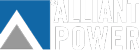 Logo d'Alliant Power avec texte blanc et icône triangulaire bleue sur fond bleu
