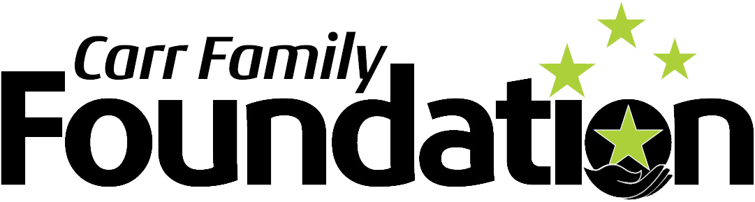Carr Family Foundation logo with black text, green stars, and hands.