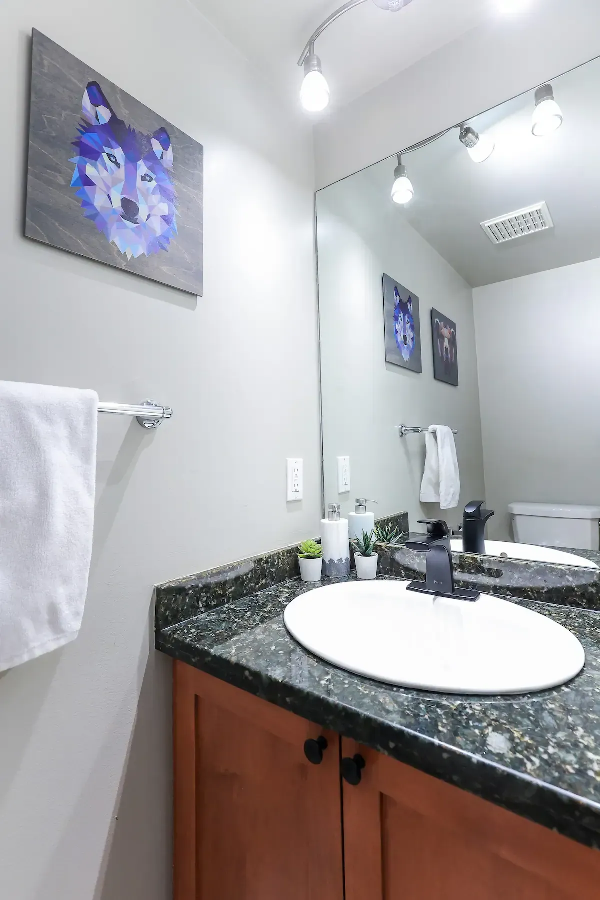 A bathroom with a sink and a picture of a wolf on the wall.