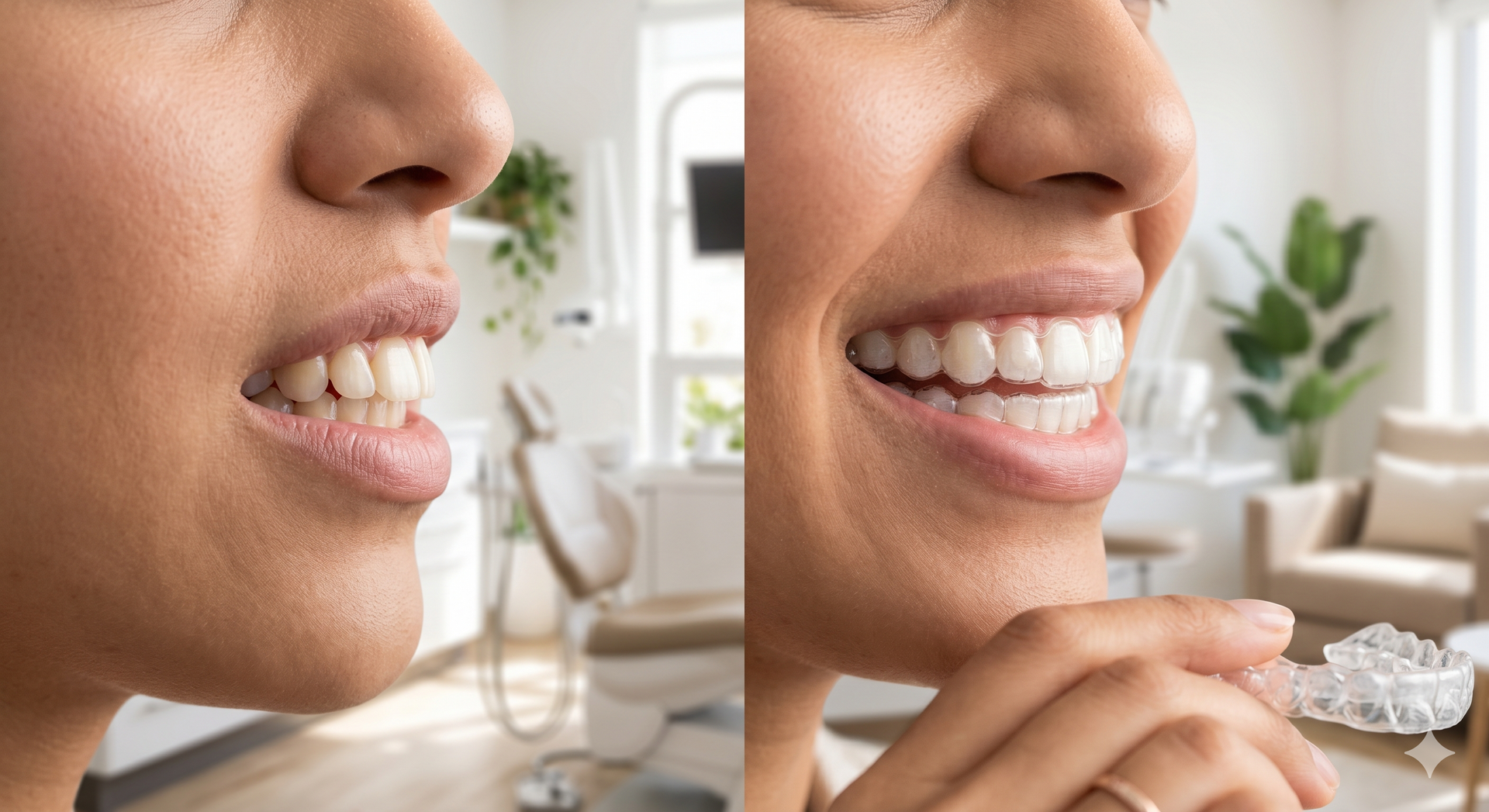 Close-up of a person smiling with Invisalign aligners, holding clear dental trays in a bright bathroom.