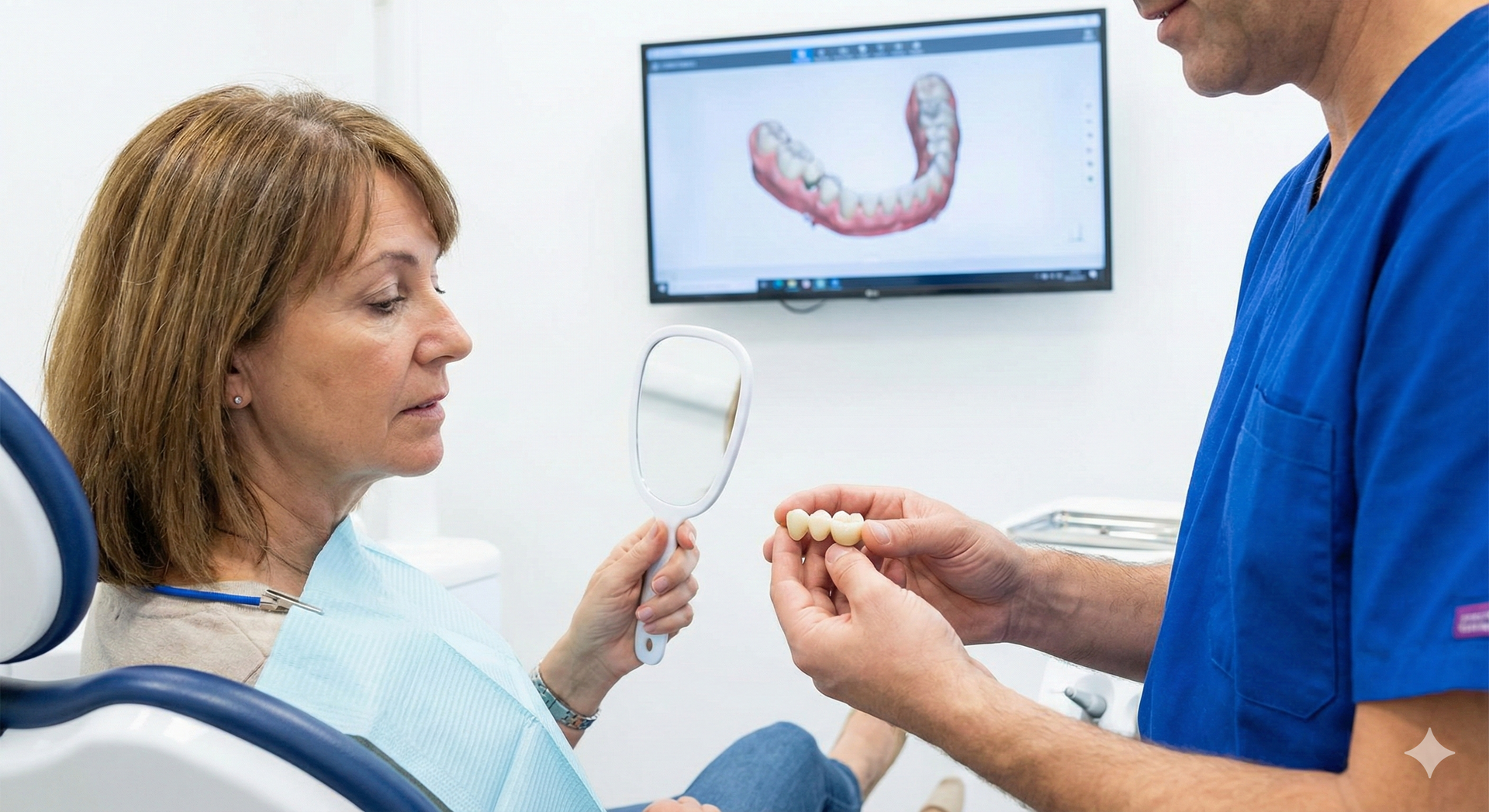 Dentist shows a patient a tooth model in dental office; patient holds mirror to examine.