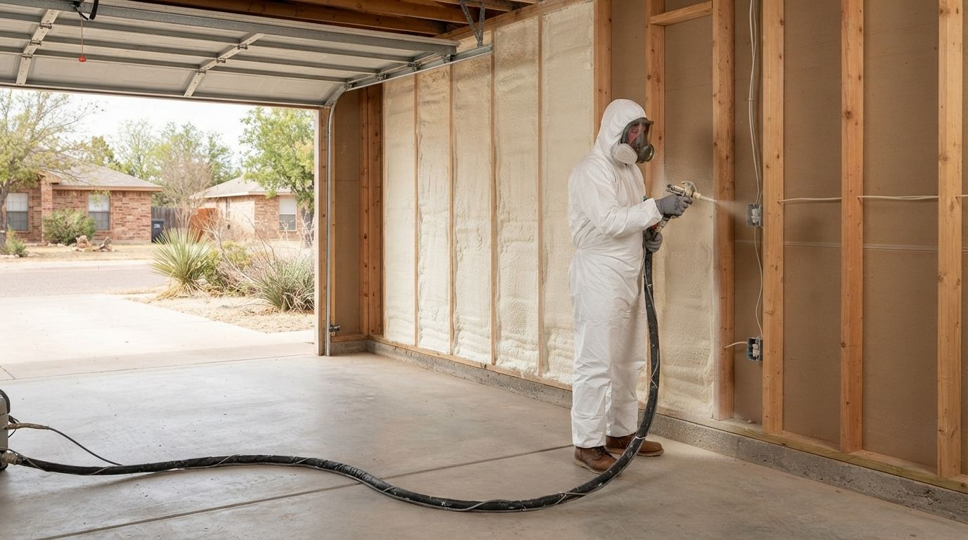 Professional technician carefully installing spray foam insulation in a residential garage in Midland, Texas.