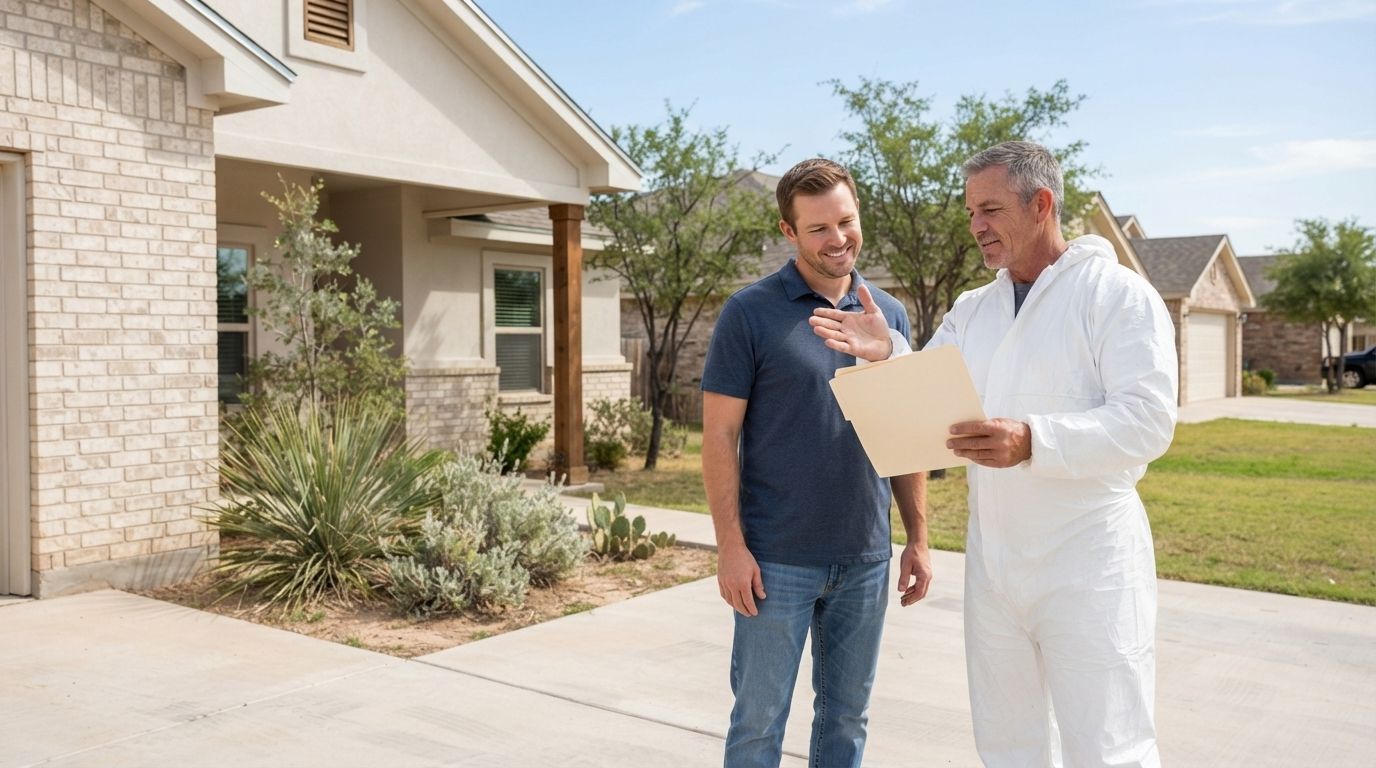 Professional spray foam insulation technician coordinating a service appointment outside a residential property in Midland, Texas.