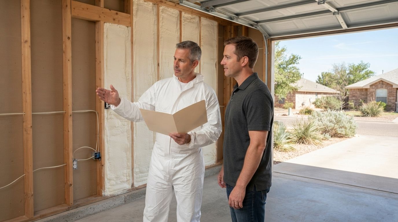 Spray foam insulation technician explaining the assessment and installation process to a homeowner in Midland, Texas.