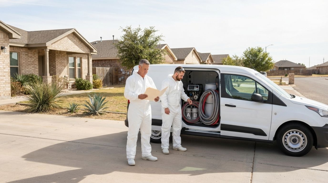 Two spray foam insulation technicians preparing for residential service beside an unbranded service van in a Midland, Texas neighborhood.