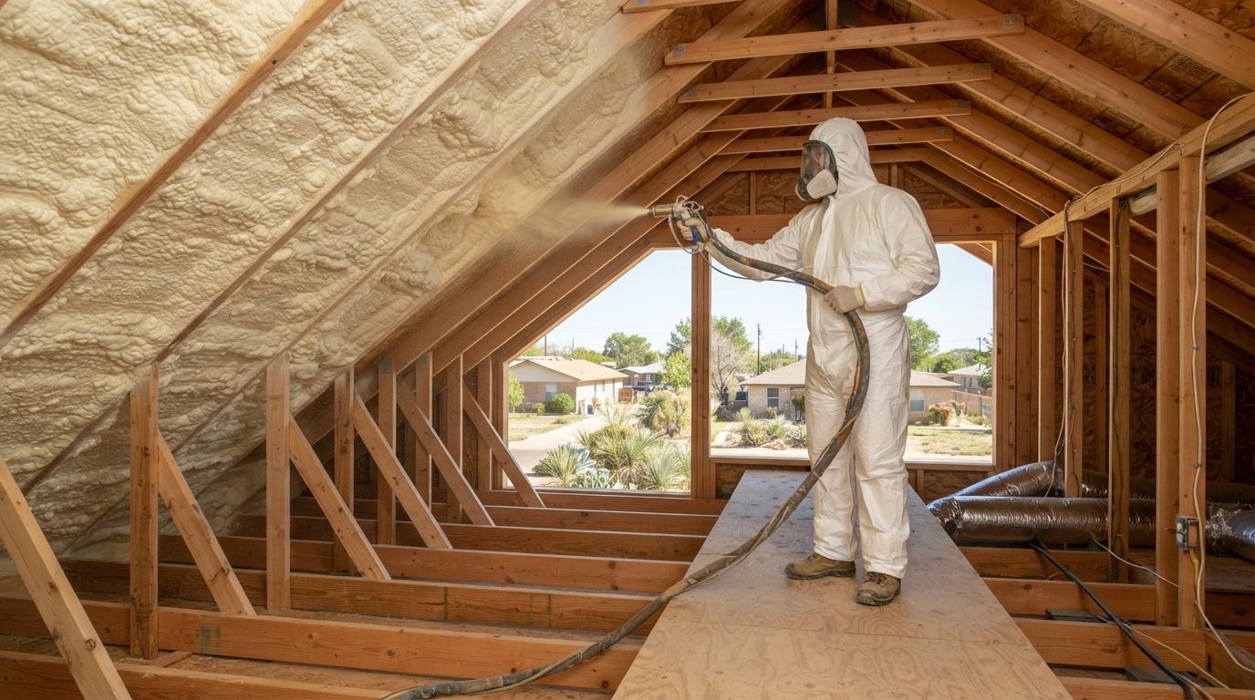 Expert attic insulation technician installing spray foam along exposed roof rafters inside a residential attic in Midland, Texas.