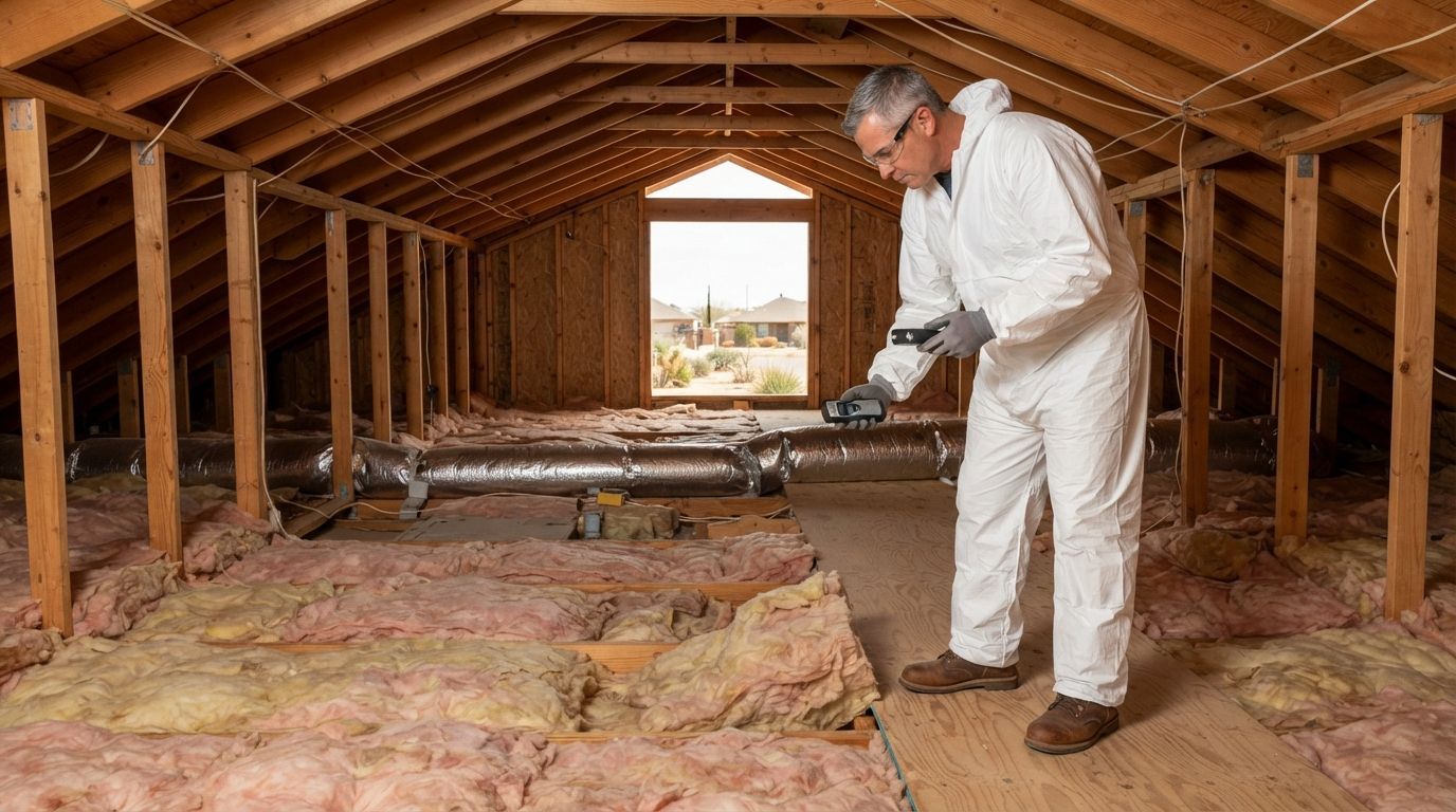 Professional insulation technician inspecting damaged and uneven attic insulation inside a residential home in Midland, Texas.