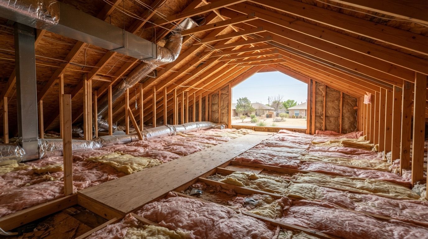 Uneven and deteriorating fiberglass attic insulation with exposed ceiling joists and insulation gaps inside a residential home in Midland, Texas.