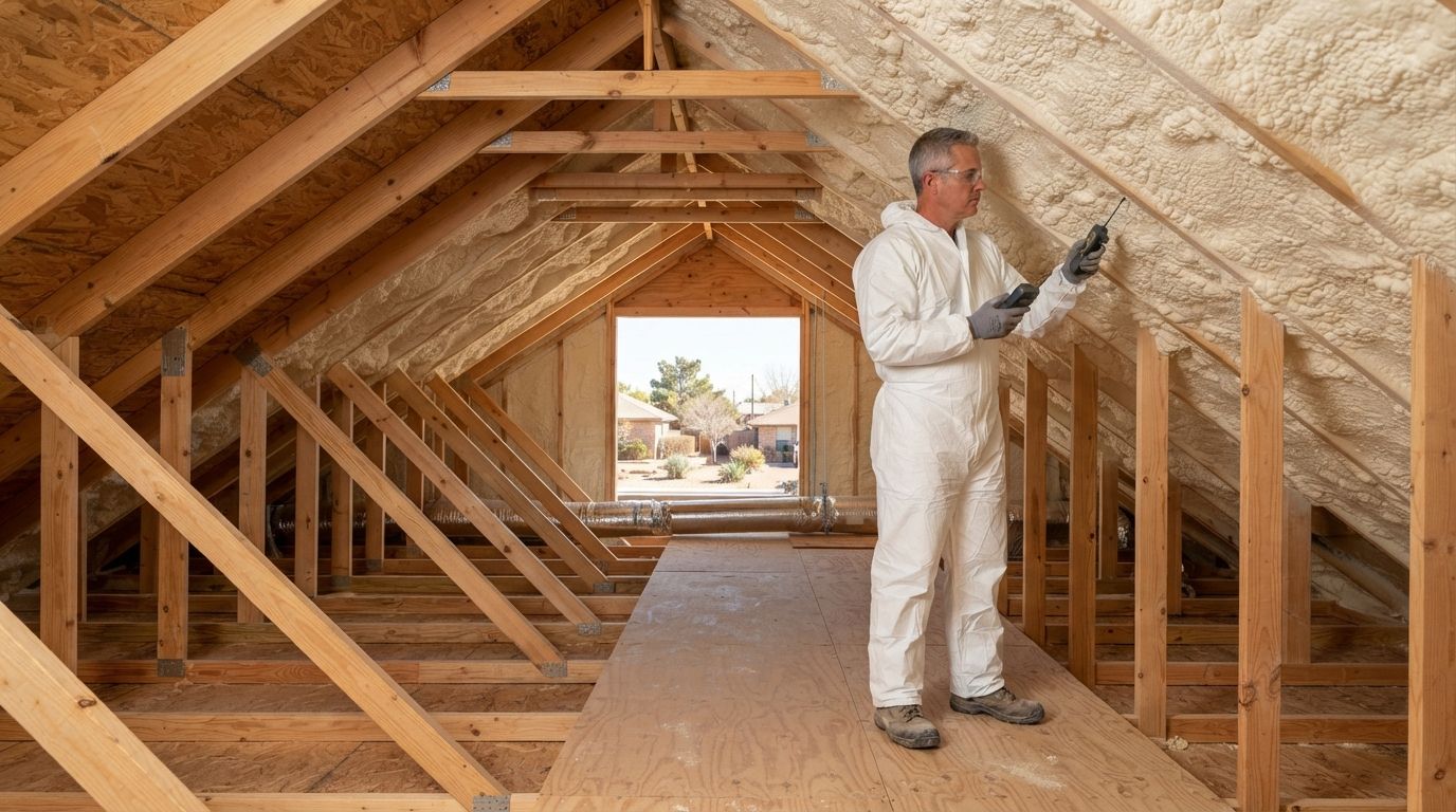 Professional attic insulation installer inspecting completed spray foam insulation and roof framing inside a residential attic in Midland, Texas.