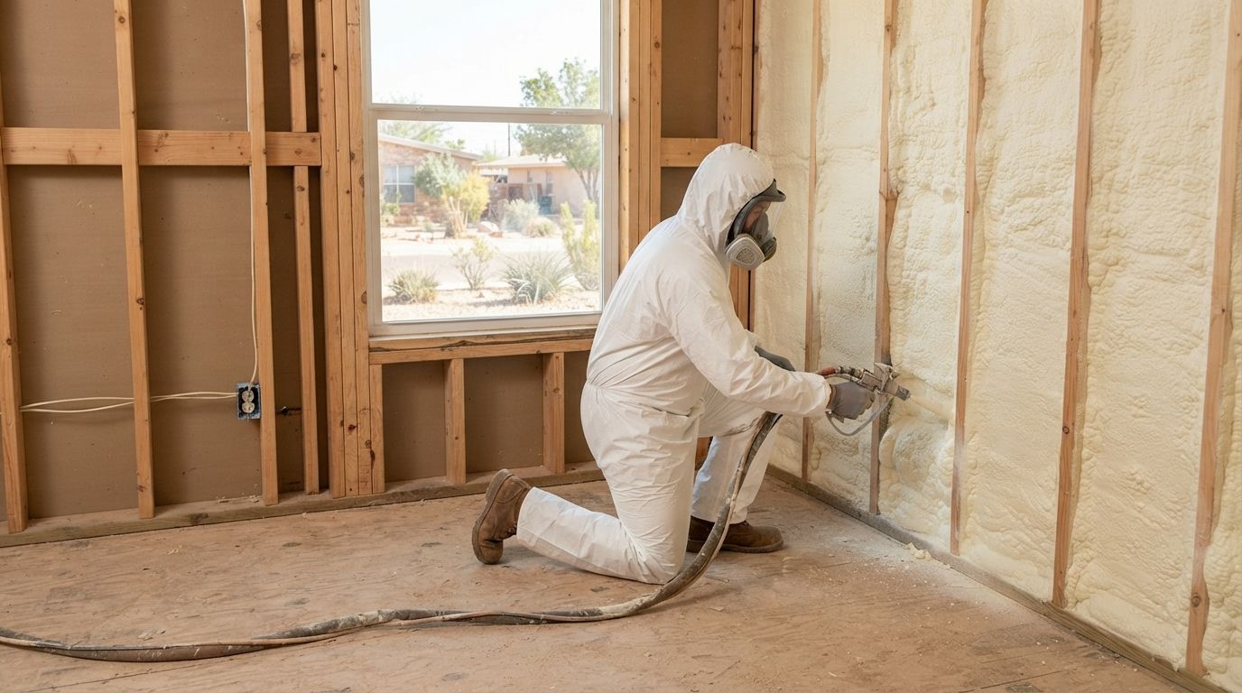 Residential wall insulation technician applying spray foam to exterior wall cavities in a Midland, Texas home.