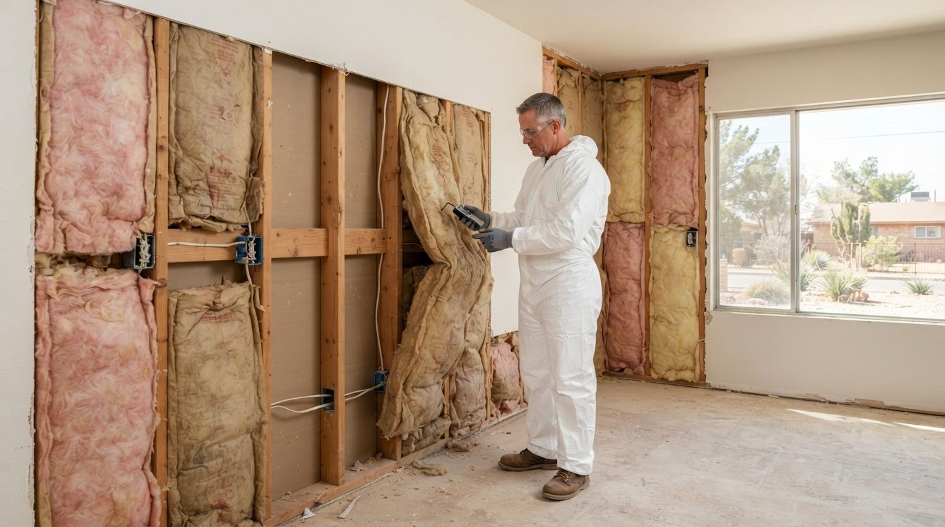 Insulation technician inspecting compressed fiberglass and gaps inside an exterior wall of a Midland, Texas home.