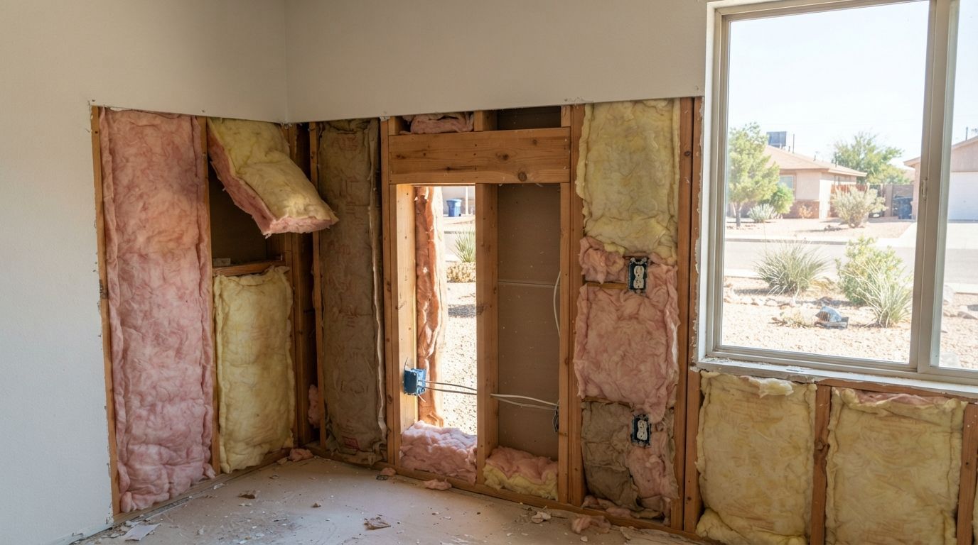 Exposed residential wall showing missing fiberglass insulation, compressed batts, and insulation gaps in Midland, Texas.