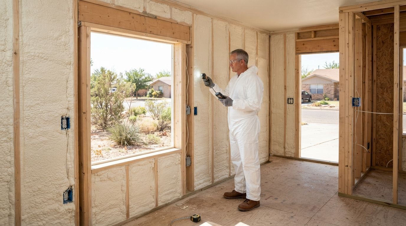 Professional wall insulation installer inspecting completed spray foam insulation inside a residential property in Midland, Texas.