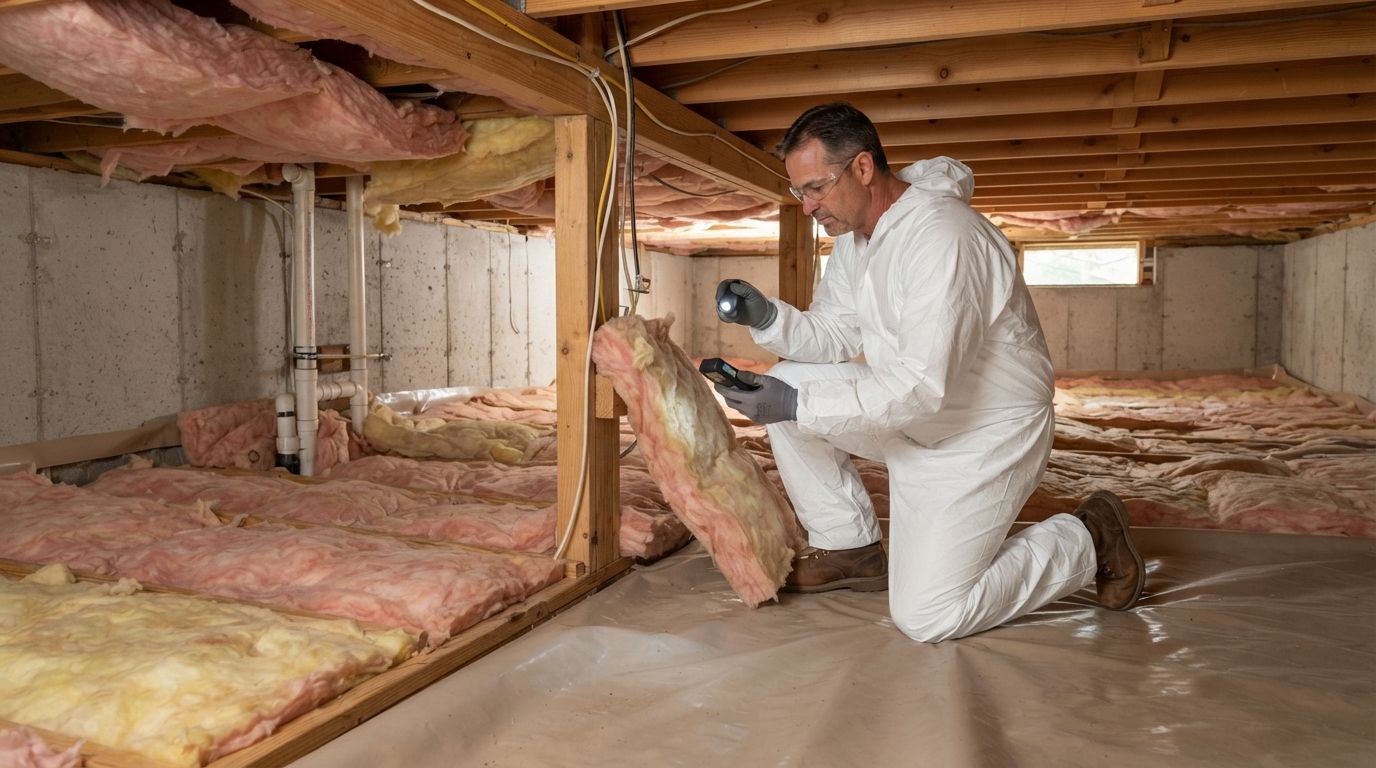 Insulation technician inspecting sagging fiberglass and exposed rim joists inside a residential crawl space in Midland, Texas.