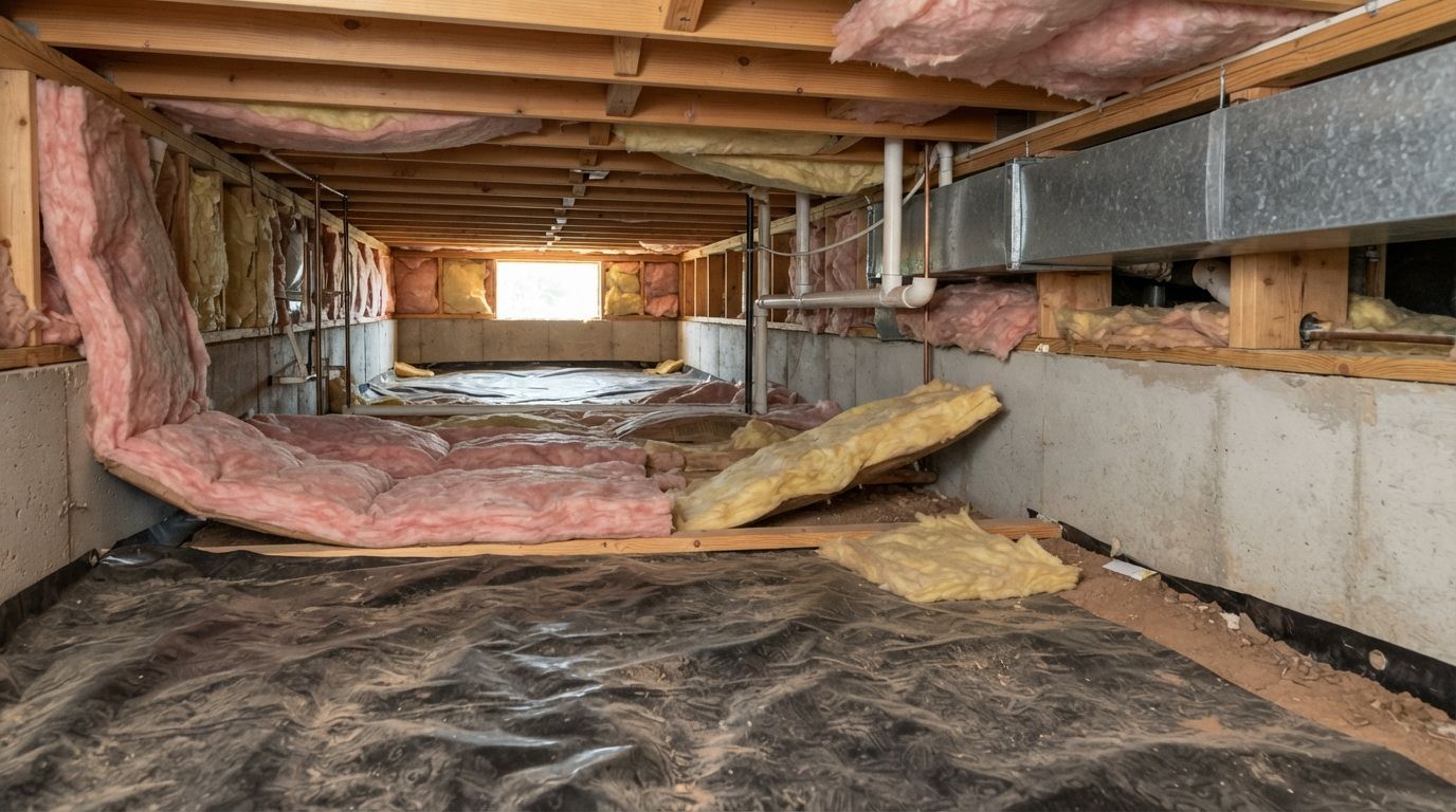 Residential crawl space showing sagging fiberglass insulation, exposed floor joists, and insulation gaps in Midland, Texas.