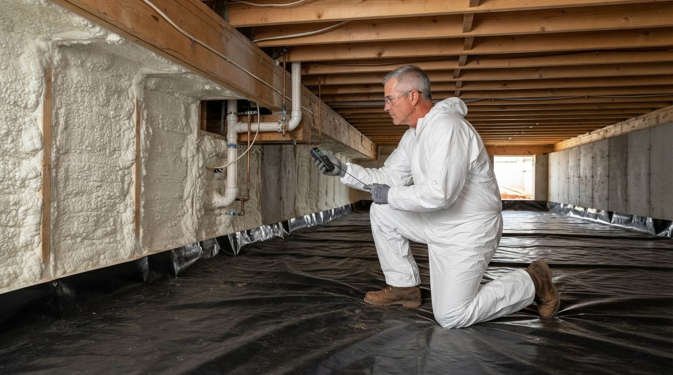 Professional crawl space insulation installer inspecting completed closed-cell spray foam around rim joists and foundation framing in Midland, Texas.