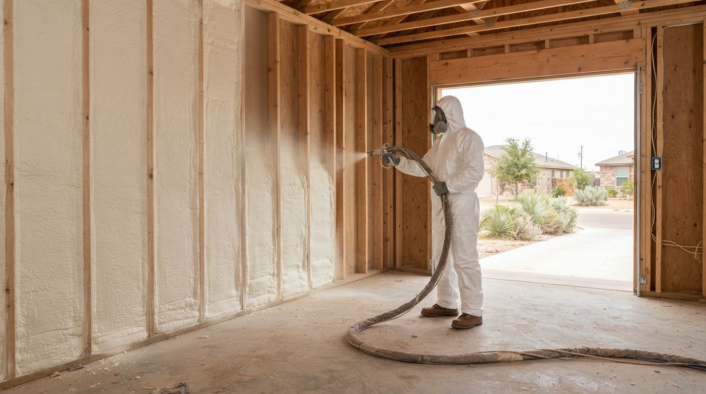 Professional technician installing closed-cell spray foam insulation inside a residential garage in Midland, Texas.