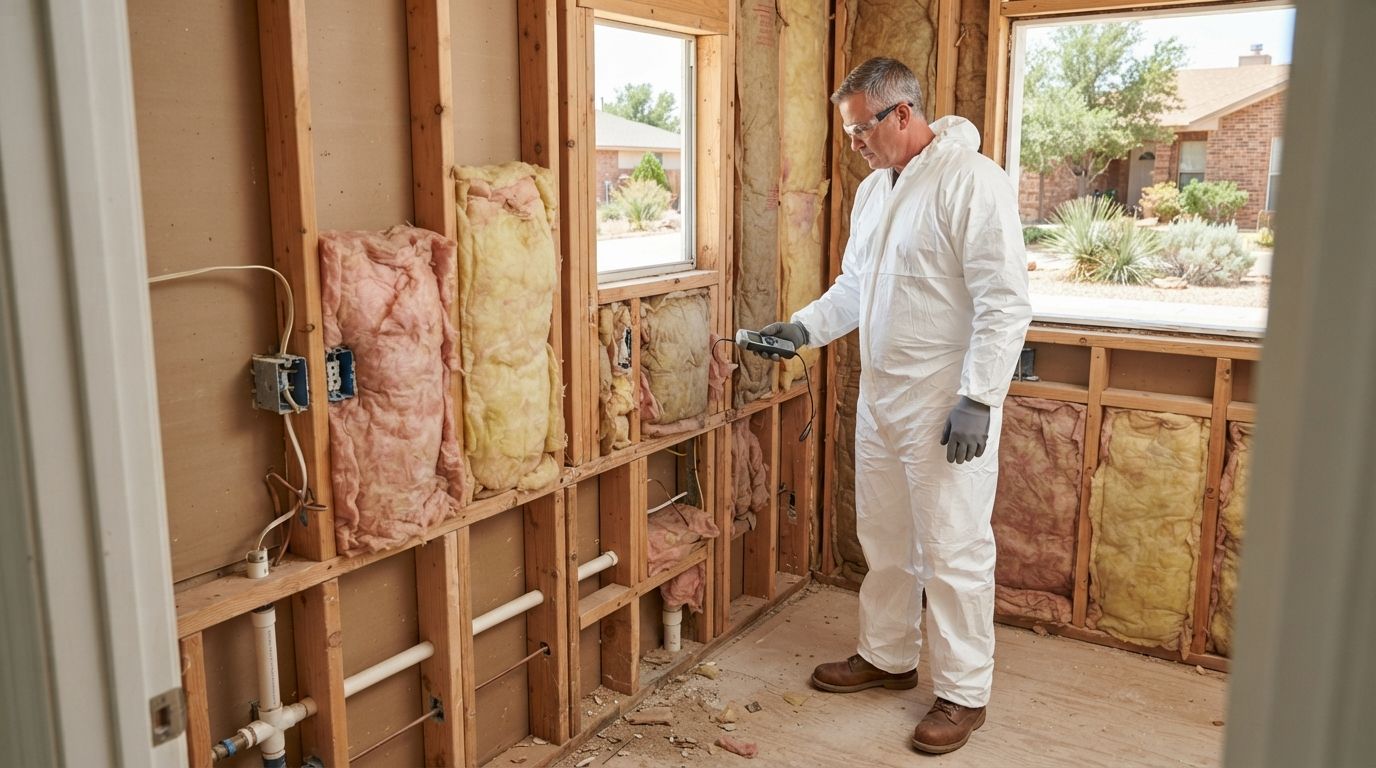 Insulation technician inspecting exposed wall cavities and insulation gaps to assess closed-cell spray foam needs in Midland, Texas.