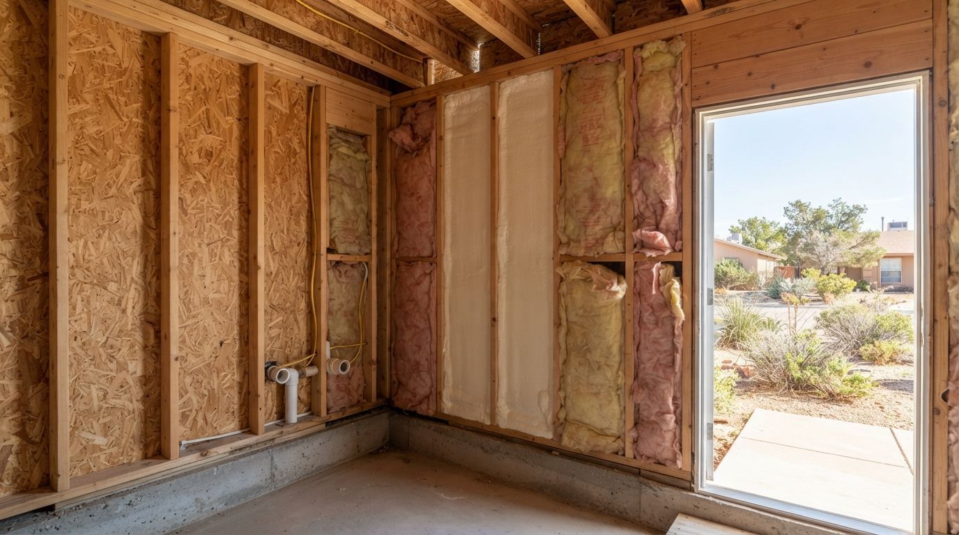 Exposed wall framing with insulation gaps and a closed-cell spray foam sample inside a residential property in Midland, Texas.