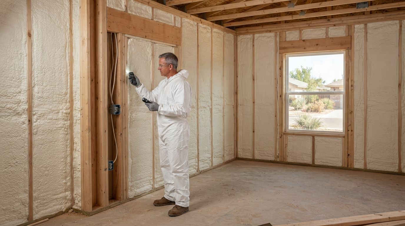 Professional closed-cell spray foam installer inspecting completed insulation inside a residential workshop in Midland, Texas.