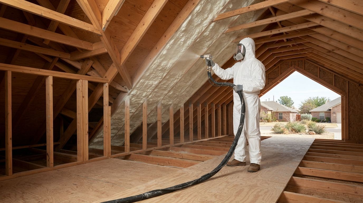 Open-cell spray foam insulation technician working on sloped ceiling and knee-wall cavities in a Midland, Texas home.