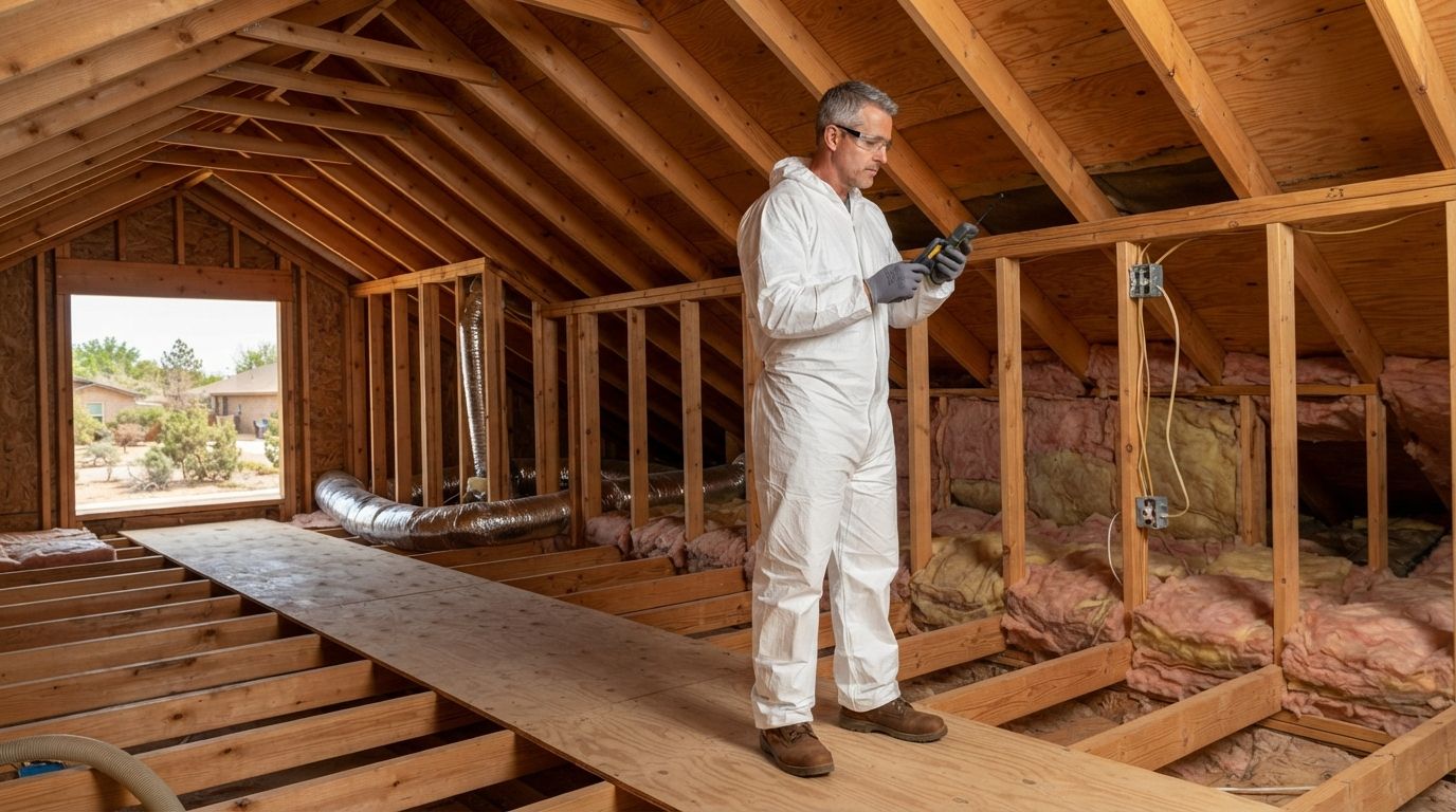 Insulation technician inspecting exposed attic roof cavities to assess open-cell spray foam needs in Midland, Texas.