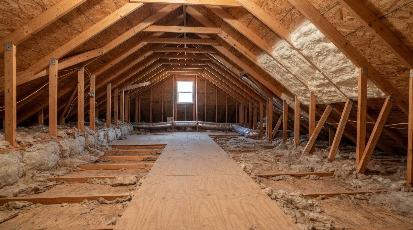 Uninsulated attic roof cavities and knee-wall gaps with an open-cell spray foam sample inside a Midland, Texas home.