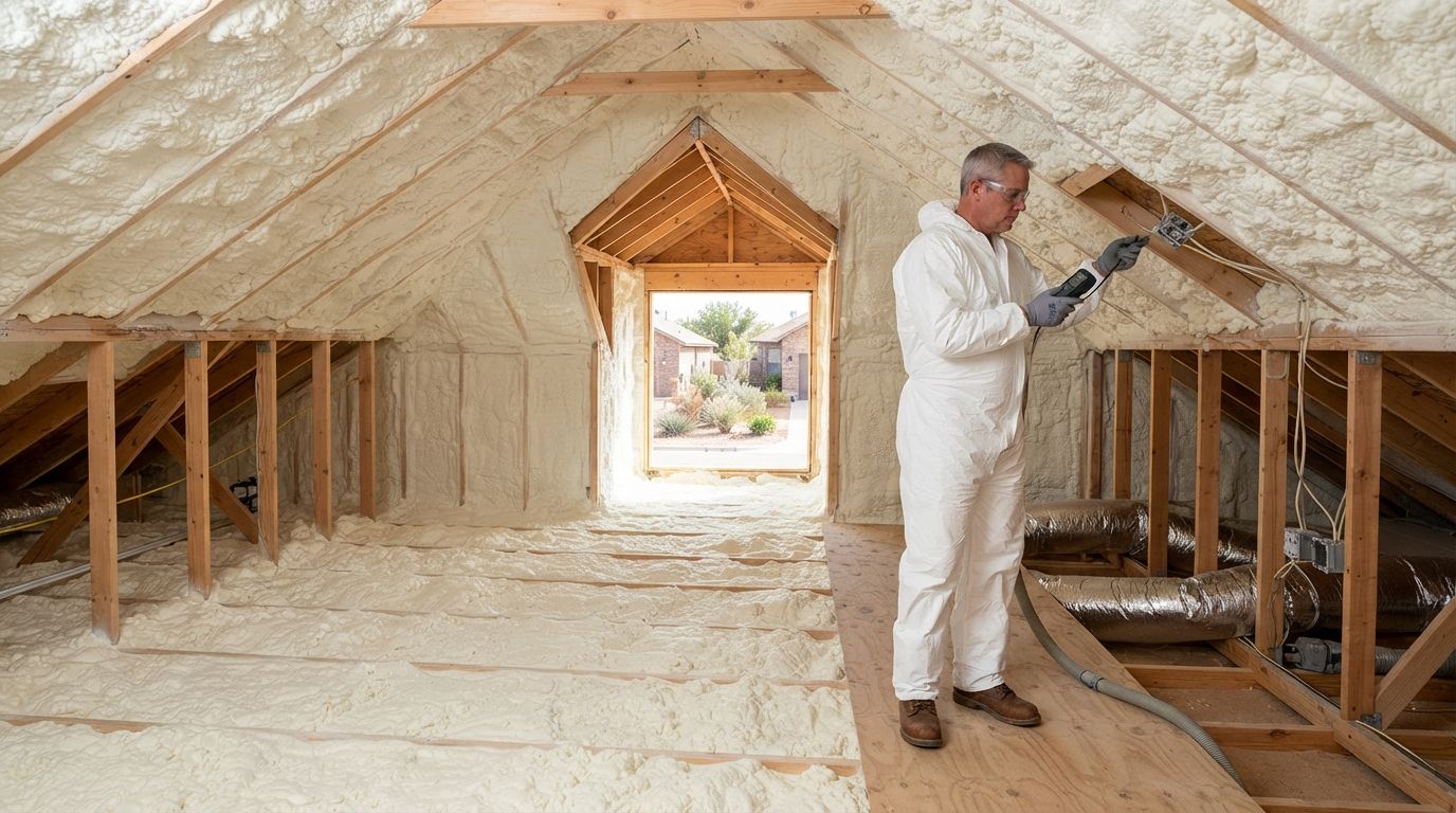 Professional open-cell spray foam installer inspecting completed attic insulation inside a residential property in Midland, Texas.