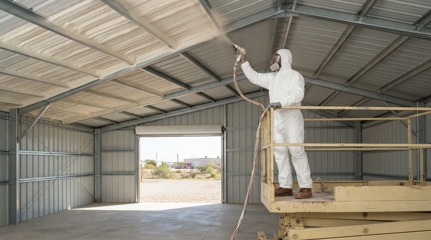 Insulation technician applying closed-cell spray foam beneath the metal roof of a steel-framed building in Midland, Texas.