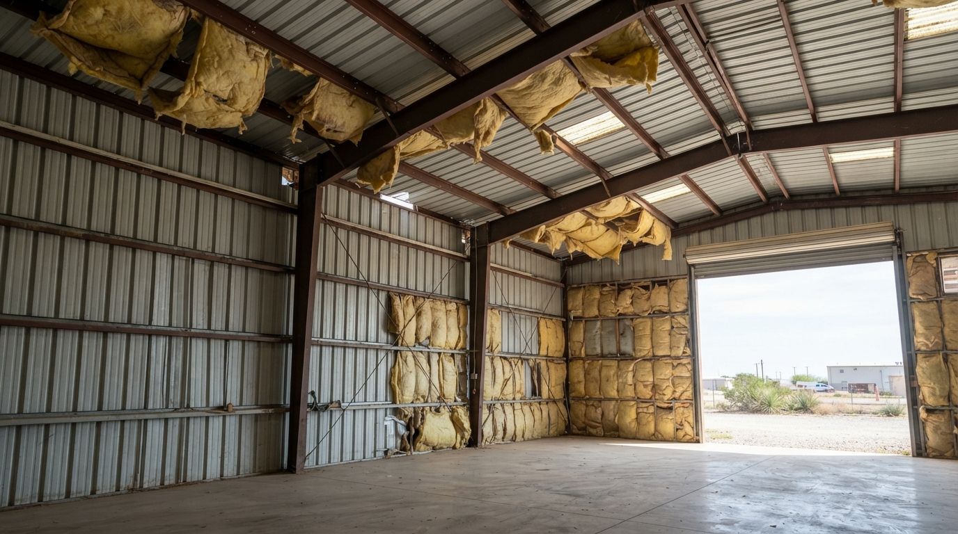 Commercial metal building showing sagging fiberglass insulation, exposed steel framing, and insulation gaps in Midland, Texas.