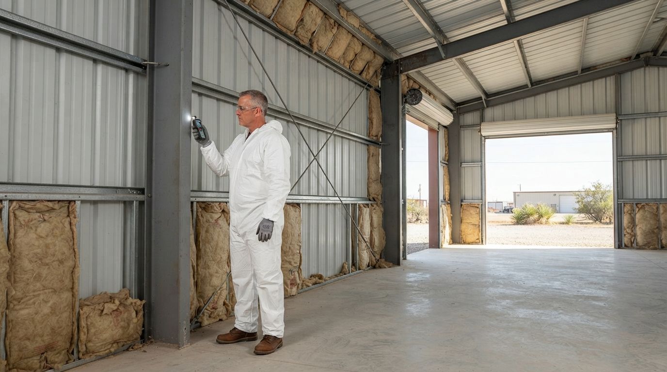 Professional insulation technician inspecting exposed metal panels and damaged fiberglass insulation inside a Midland, Texas warehouse.