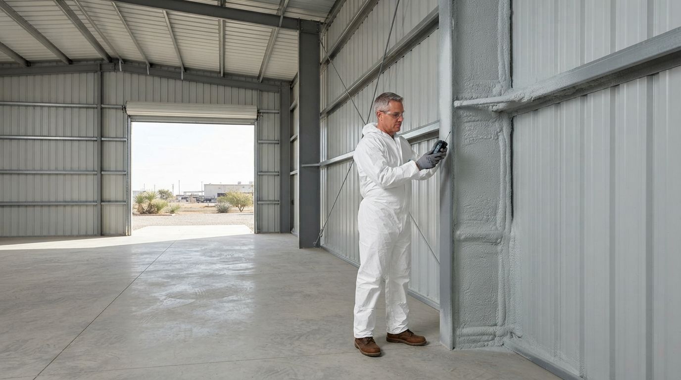 Professional metal building insulation technician inspecting completed closed-cell spray foam coverage inside a commercial workshop in Midland, Texas.