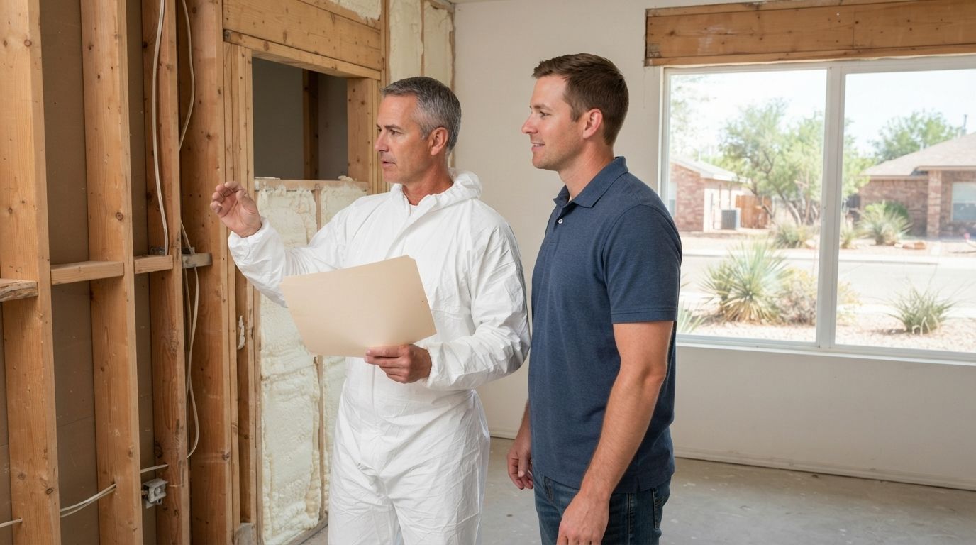 Spray foam insulation technician discussing insulation services with a homeowner outside a residential property in Midland, Texas.