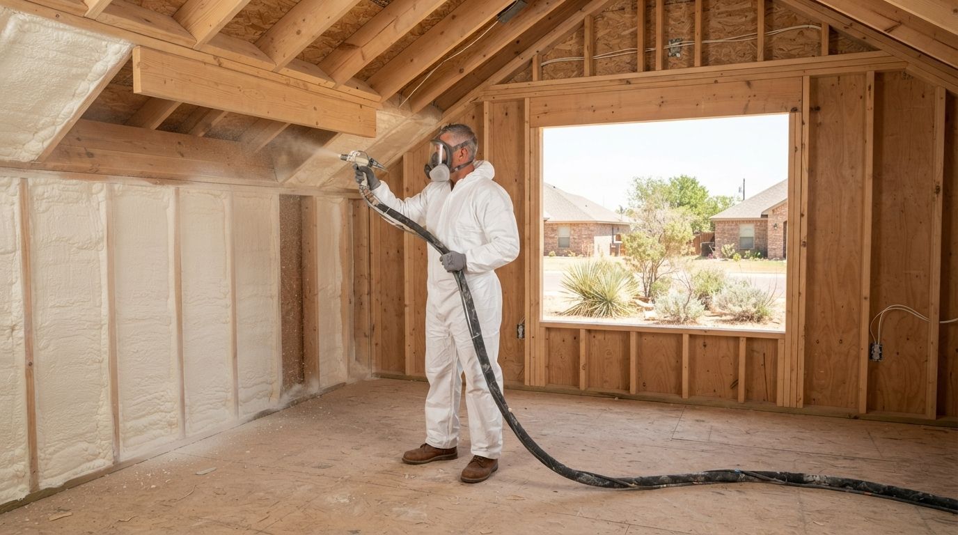 Experienced spray foam insulation technician carefully applying insulation around structural wall framing in Midland, Texas.