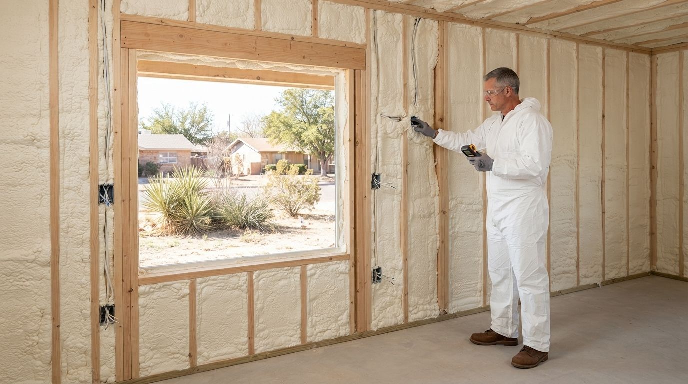 Professional insulation technician inspecting completed spray foam wall insulation for consistent coverage in Midland, Texas.