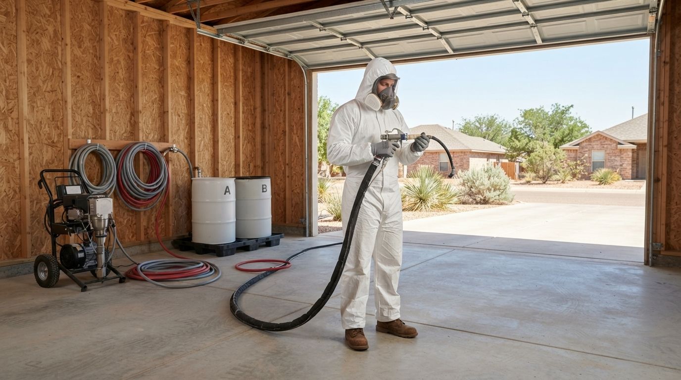 Trained spray foam insulation technician preparing professional application equipment inside a garage in Midland, Texas.