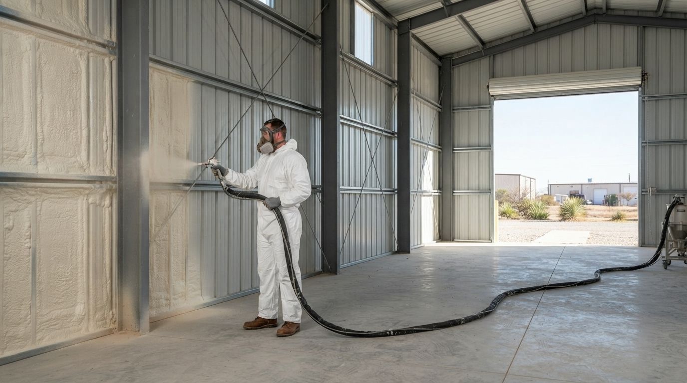 Trained insulation technician using professional spray foam equipment inside a commercial metal building in Midland, Texas.